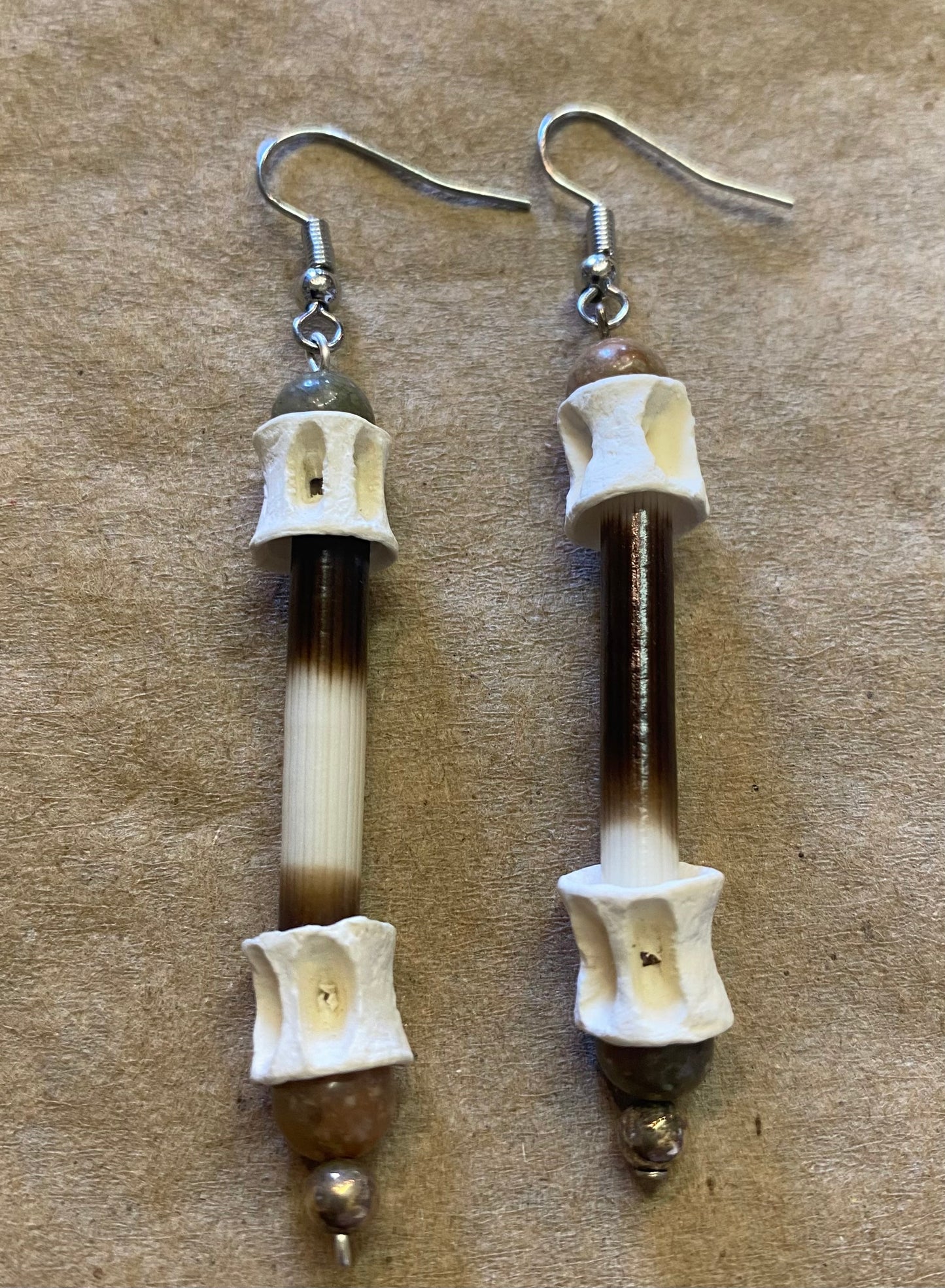 Fish Vertebrae Porcupine Quills and Autumn Jasper Dangle Earrings