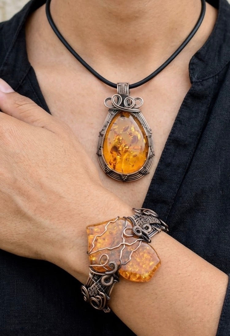 Amber and Copper Pendant and Bracelet