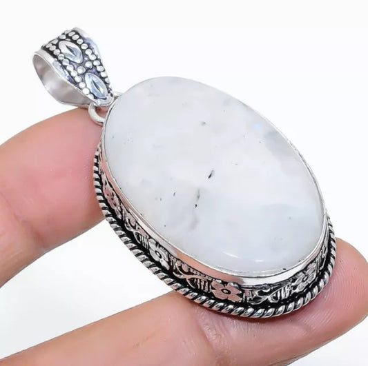 Natural Rainbow Moonstone Sterling Silver Pendant