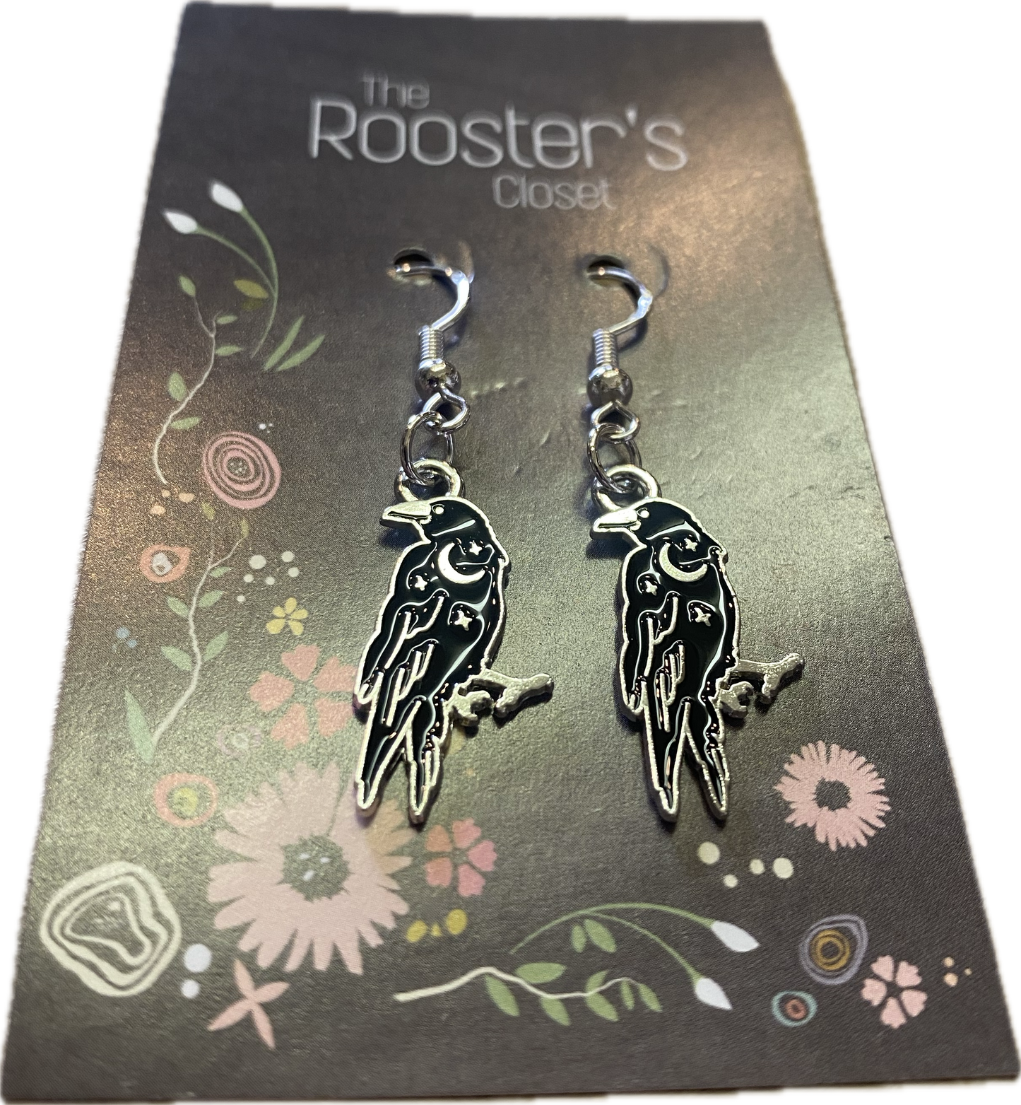 Crow Dangle Earrings with Crescent Moon