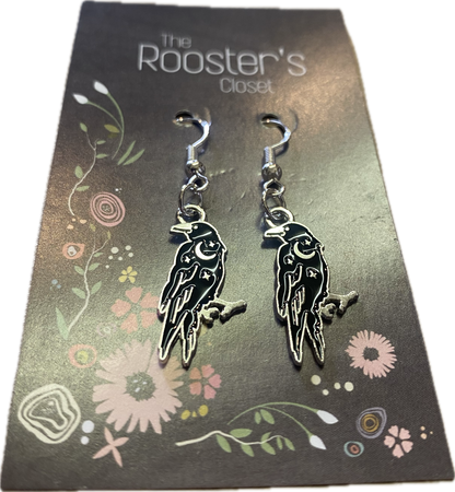 Crow Dangle Earrings with Crescent Moon