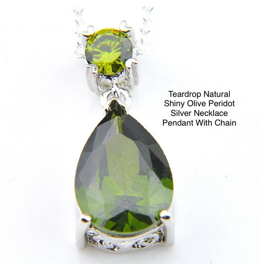 Teardrop Natural Shiny Olive Peridot Silver Necklace Pendant With Chain