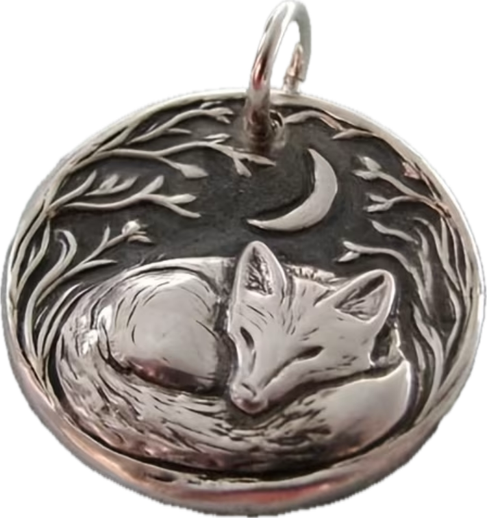 Sleeping Red Tail Fox with Crescent Moon Pendant