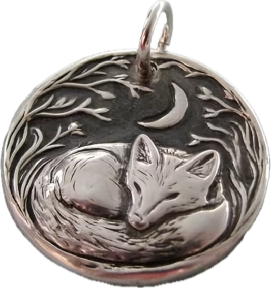 Sleeping Red Tail Fox with Crescent Moon Pendant