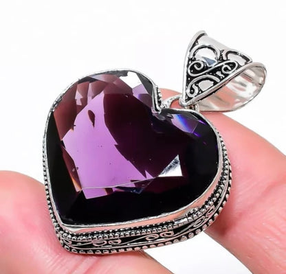 Amethyst Gemstone Handmade Sterling Love Heart Cut Pendant