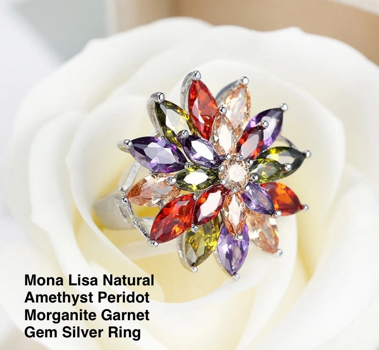 Mona Lisa Natural Amethyst Peridot Morganite Garnet  Silver Ring