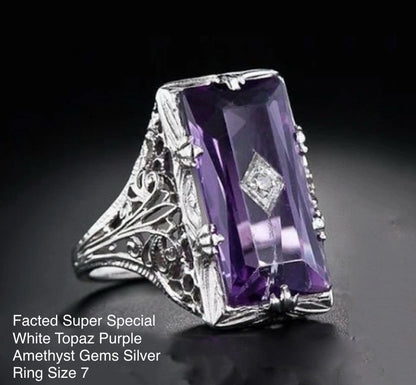 Facted White Topaz Purple Amethyst Silver Ring