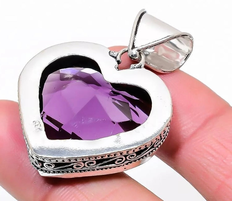 Amethyst Gemstone Handmade Sterling Love Heart Cut Pendant