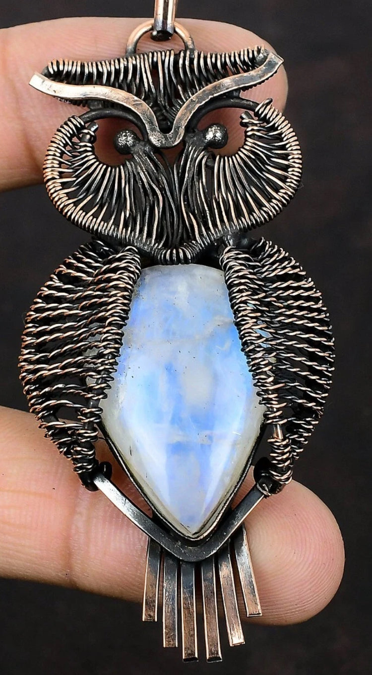 Copper Wrapped Owl Pendant with Rainbow Moonstone
