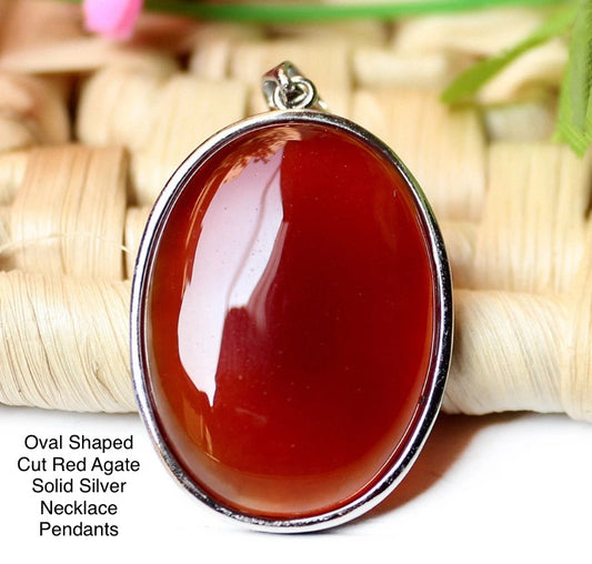Oval Shaped Cut Red Agate Solid Silver Necklace Pendant