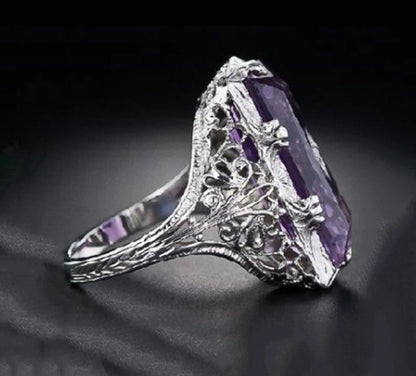 Facted White Topaz Purple Amethyst Silver Ring
