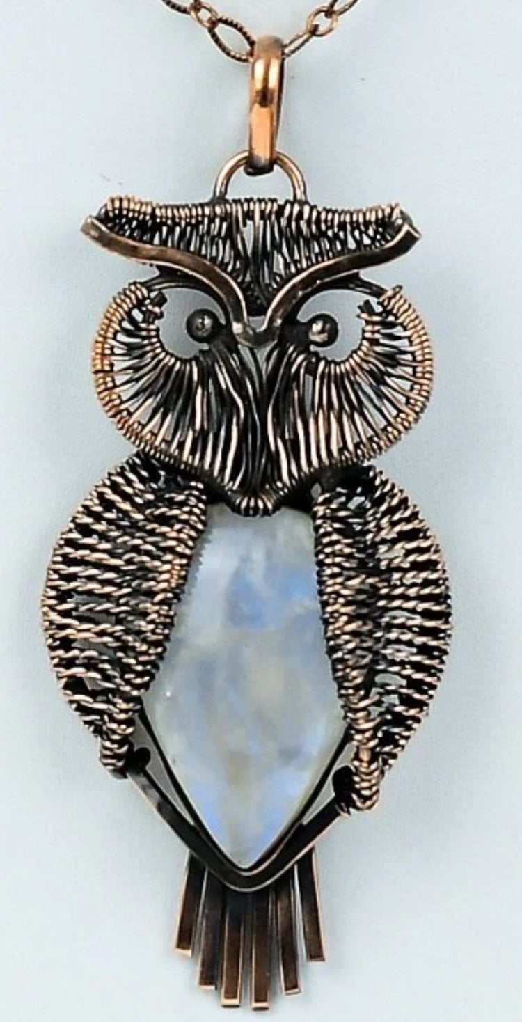 Copper Wrapped Owl Pendant with Rainbow Moonstone